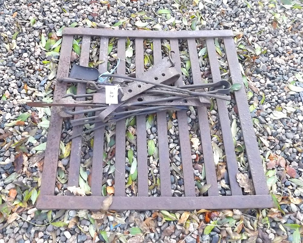 Collection of miscellaneous 19th. C. crook irons and a tray from market scales.