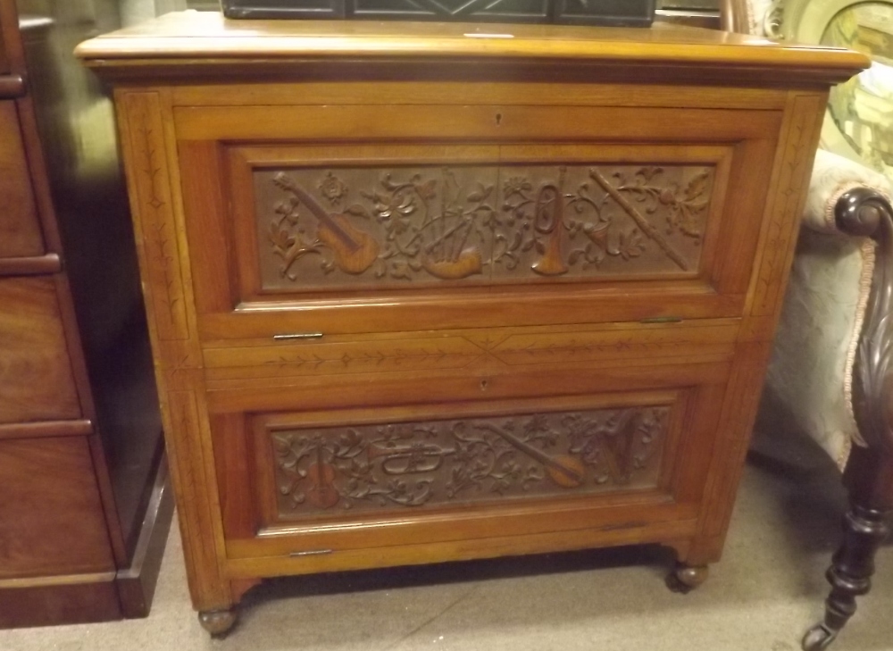 19th. C. carved mahogany music cabinet { 76cm H X 77cm W X 48cm D }.