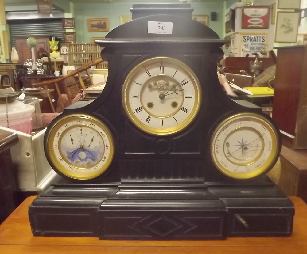19th. C.  multi-dial black  marble mantle clock with time  perpetual calendar and barometer