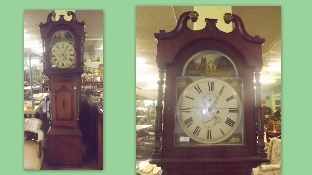 Victorian inlaid oak and mahogany long cased clock with painted arched and raised  dial by