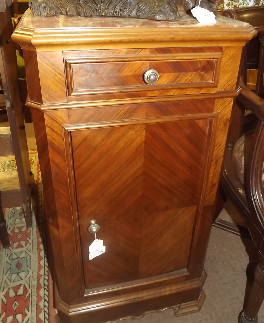 19th. C. kingwood bedside cabinet with  marble top over a  drawer and single door.