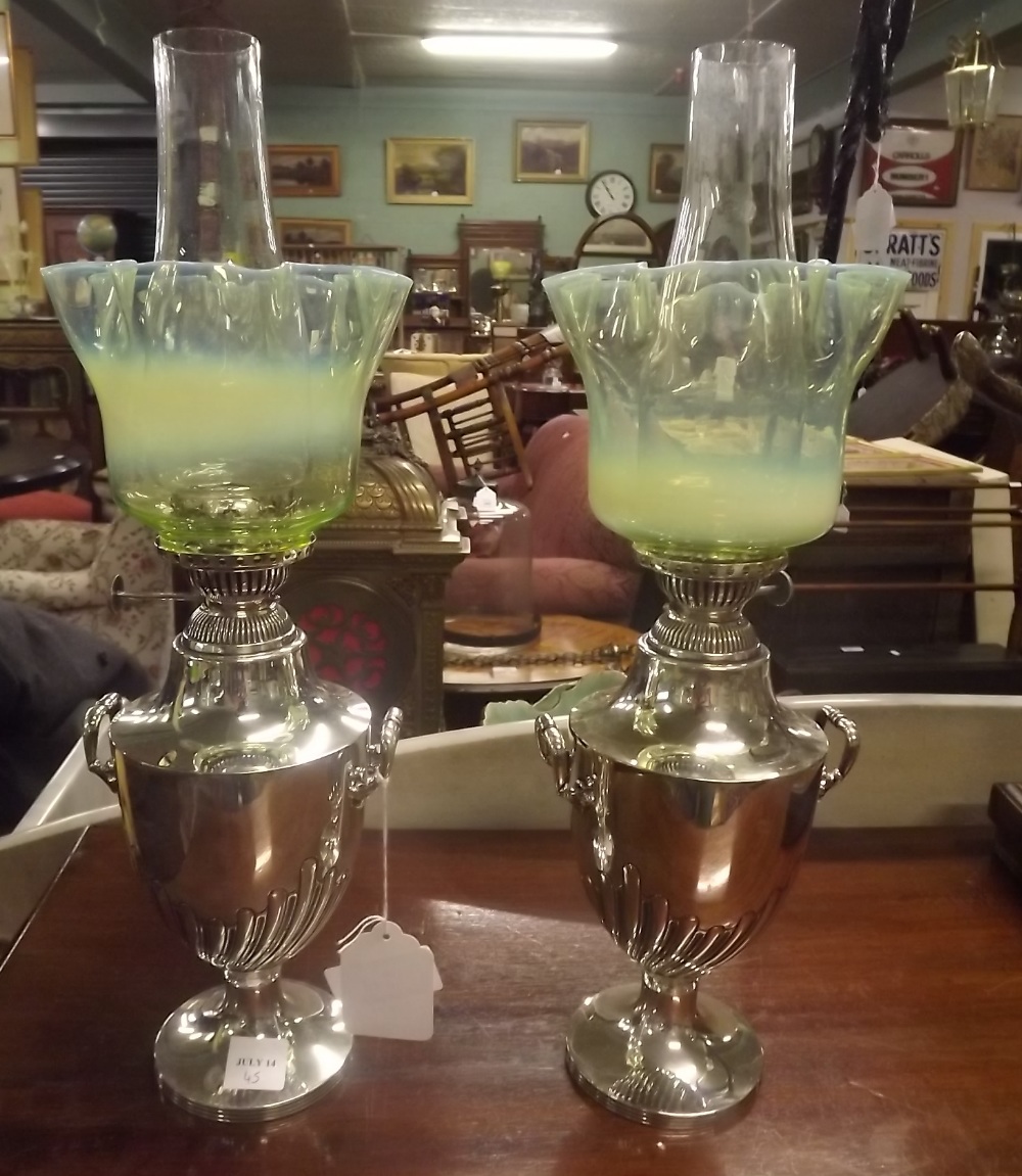 Pair of 1880's Elkington Hinks & Son silver plated oil lamps with vaseline glass tulip shades.