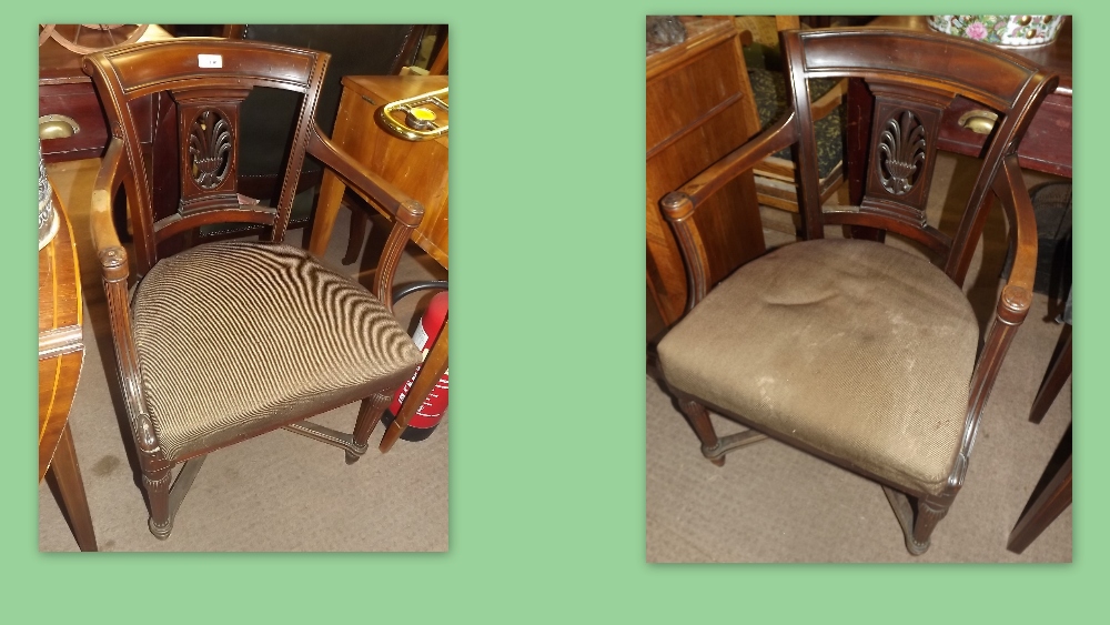 Pair of Edwardian mahogany open armchairs in the Regency style.