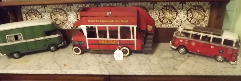 Collection of tinplate toys  - open top bus camper van and minibus.