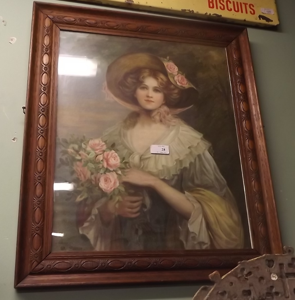 Victorian Coloured print of a Young Lady mounted in an oak frame.