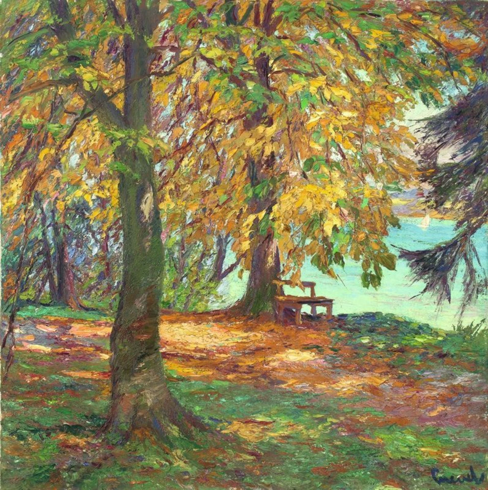 Edward Cucuel (San Francicso 1875 – 1954 Pasadena)  „HERBSTLANDSCHAFT“.   Oil on canvas.  80 x 79,