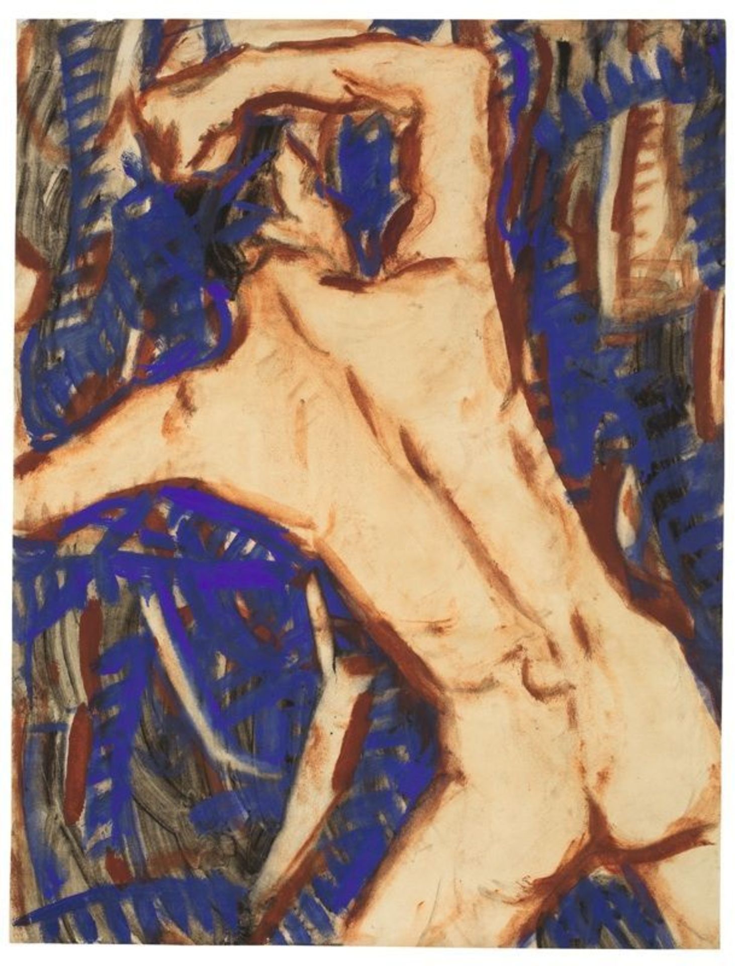 Christian Rohlfs (Niendorf 1849 – 1938 Hagen)  MÄNNLICHER RÜCKENAKT. Circa 1918  Water-based tempera