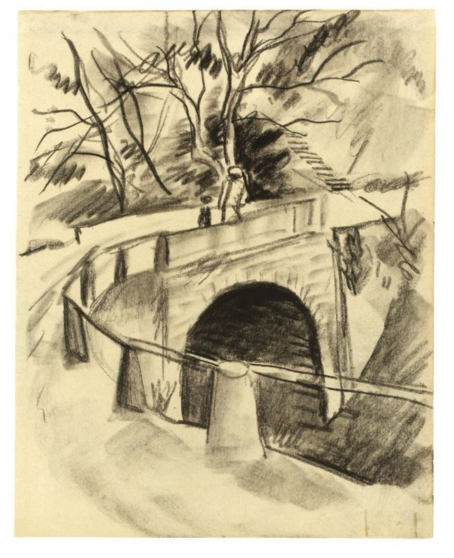 August Macke (Meschede 1887 – 1914 Perthes-les-Hurlus)  „BRÜCKE ÜBER DEN BACH“. 1913  Charcoal on