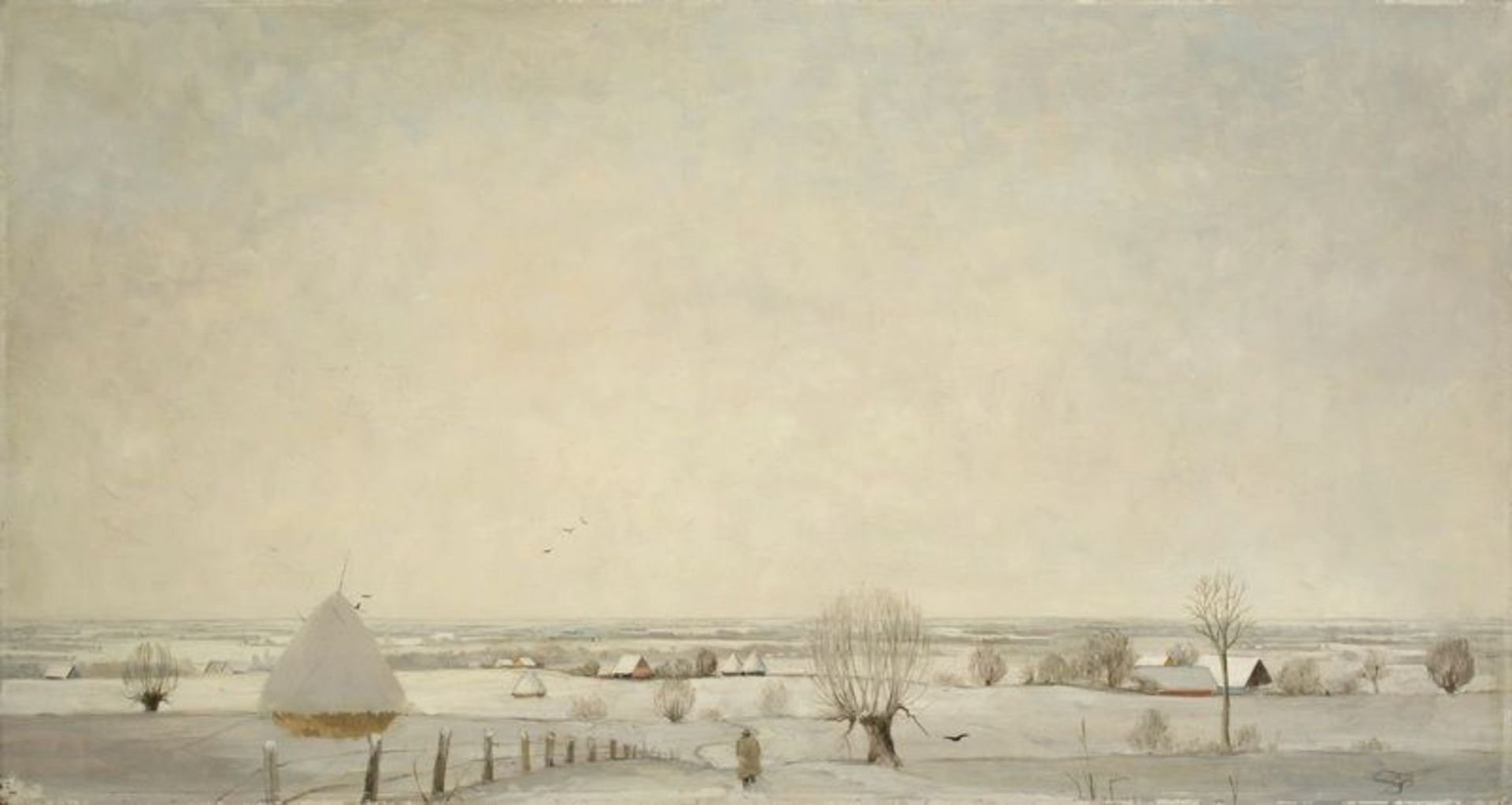 Eberhard Viegener (1890 – Soest – 1967)  „SOESTER BÖRDE IM WINTER“. 1948  Oil on masonite.  51,5 x