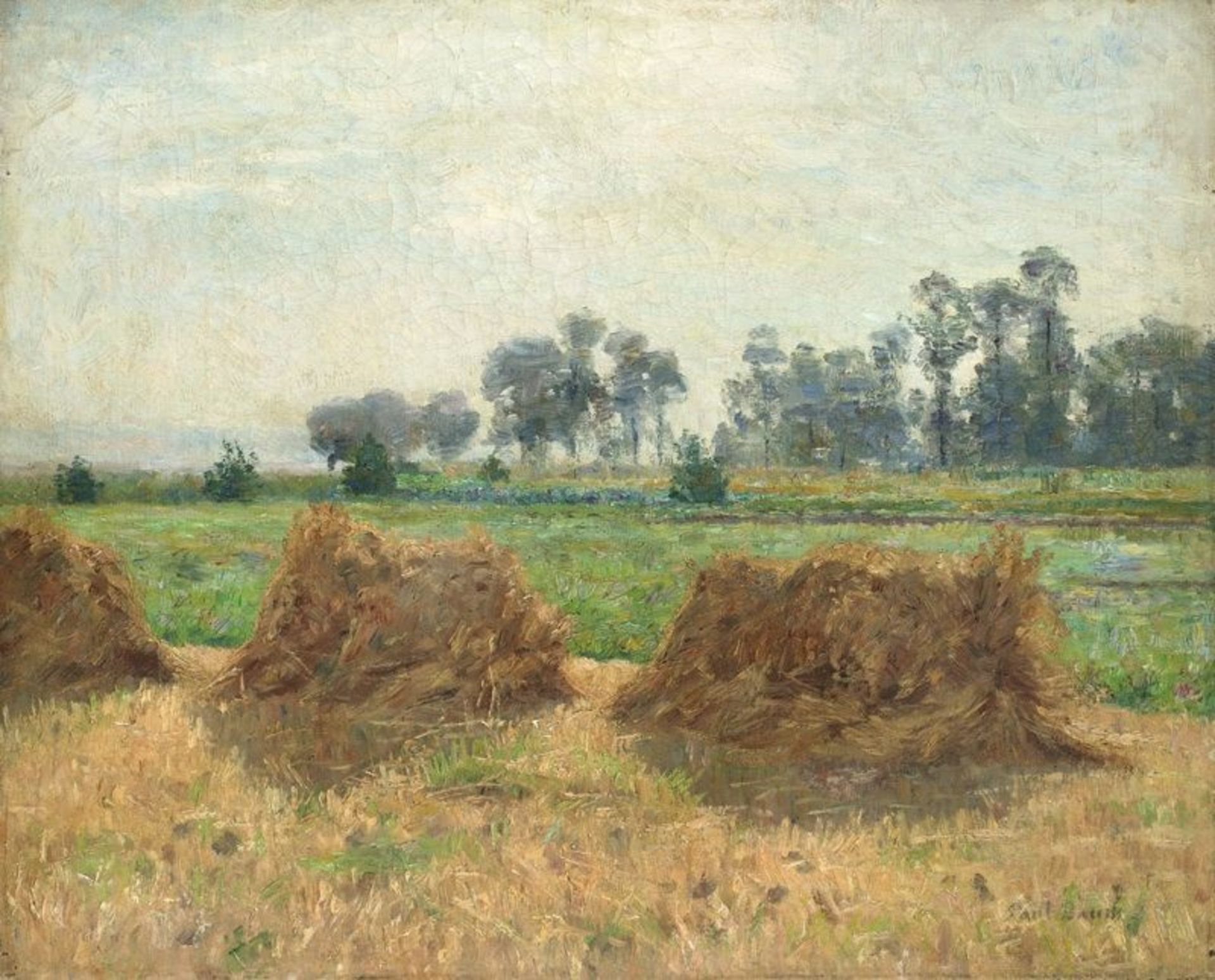 Paul Baum (Meissen 1859 – 1932 San Gimignano)  LANDSCHAFT MIT KORNGARBEN BEI KNOKKE. Circa 1890  Oil