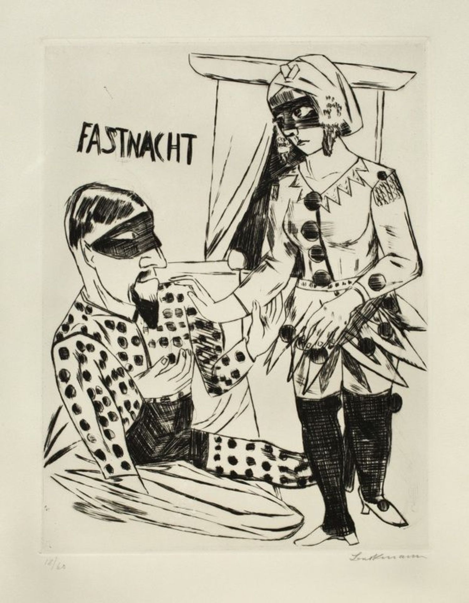 Max Beckmann (Leipzig 1884 – 1950 New York)  „FASTNACHT“. 1922  Drypoint on wove paper.  32,4 x 25
