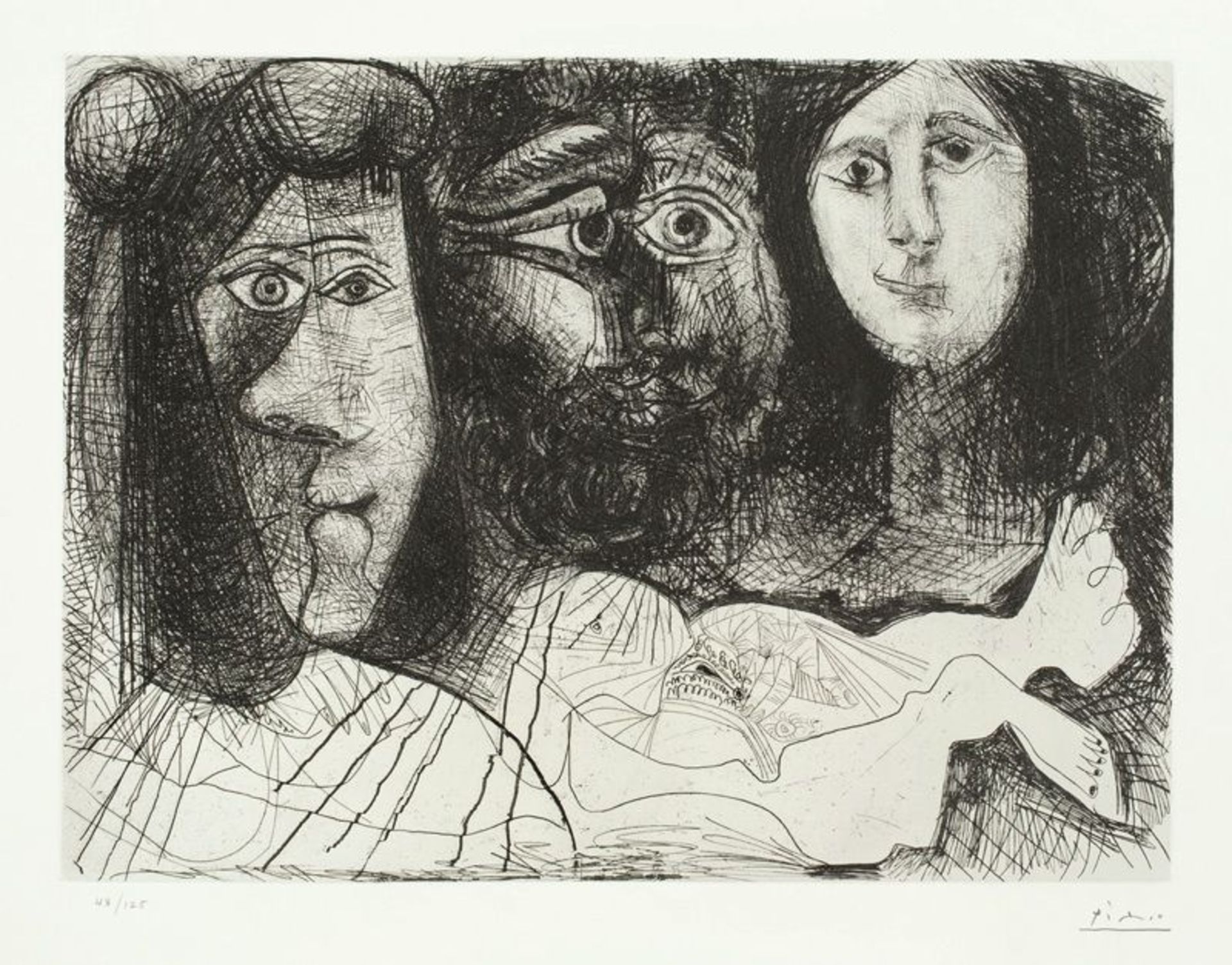 Pablo Picasso (Málaga 1881 – 1973 Mougins)  „AUTOPORTRAIT, AVEC DEUX FEMMES“. 1972  Etching and