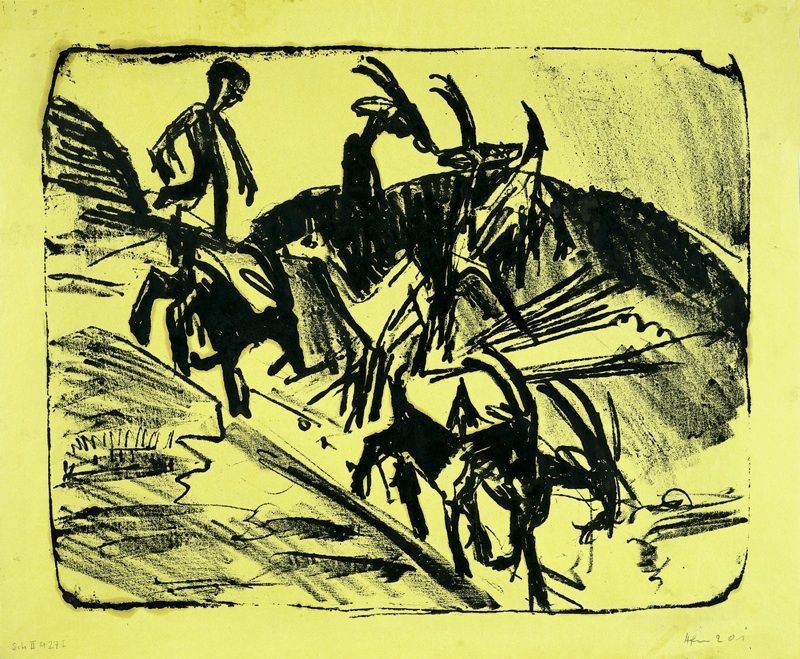 Ernst Ludwig Kirchner (Aschaffenburg 1880 – 1938 Davos)  „ZIEGENHERDE“. 1922  Lithograph on yellow