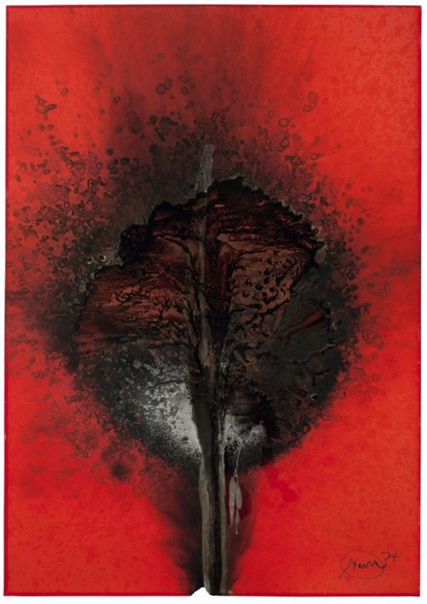 Otto Piene (Laasphe, Westphalia 1928 – 2014 Berlin)  UNTITLED. 1974  Fire gouache on red cardboard.