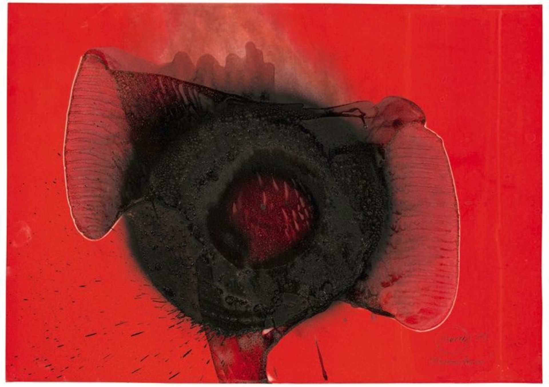 Otto Piene (Laasphe, Westphalia 1928 – 2014 Berlin)  „OHRENSTERN“. 1981  Fire gouache on red