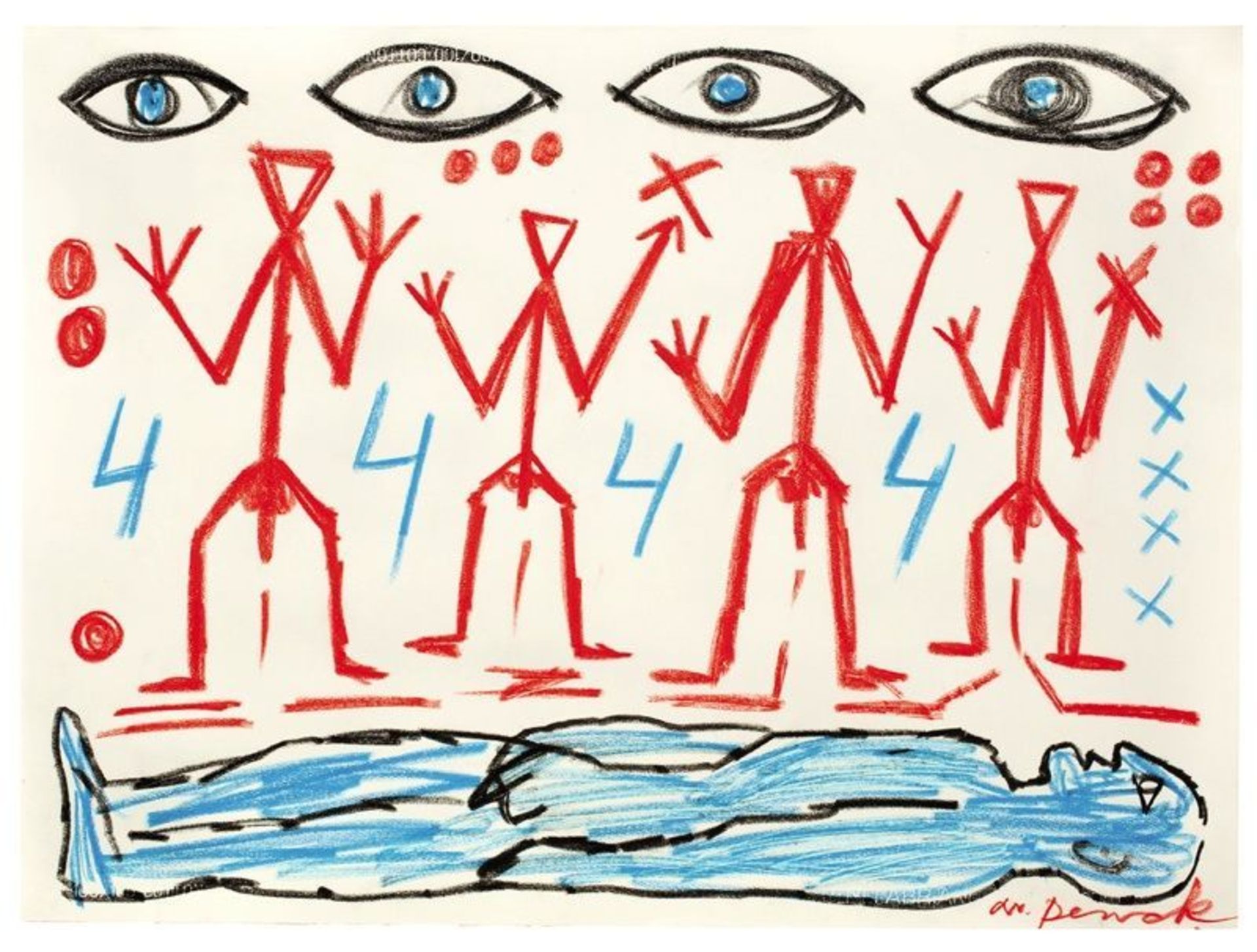 A.R. Penck (Dresden 1939 – lives in Ireland)  UNTITLED.   Coloured crayon on light Fabriano