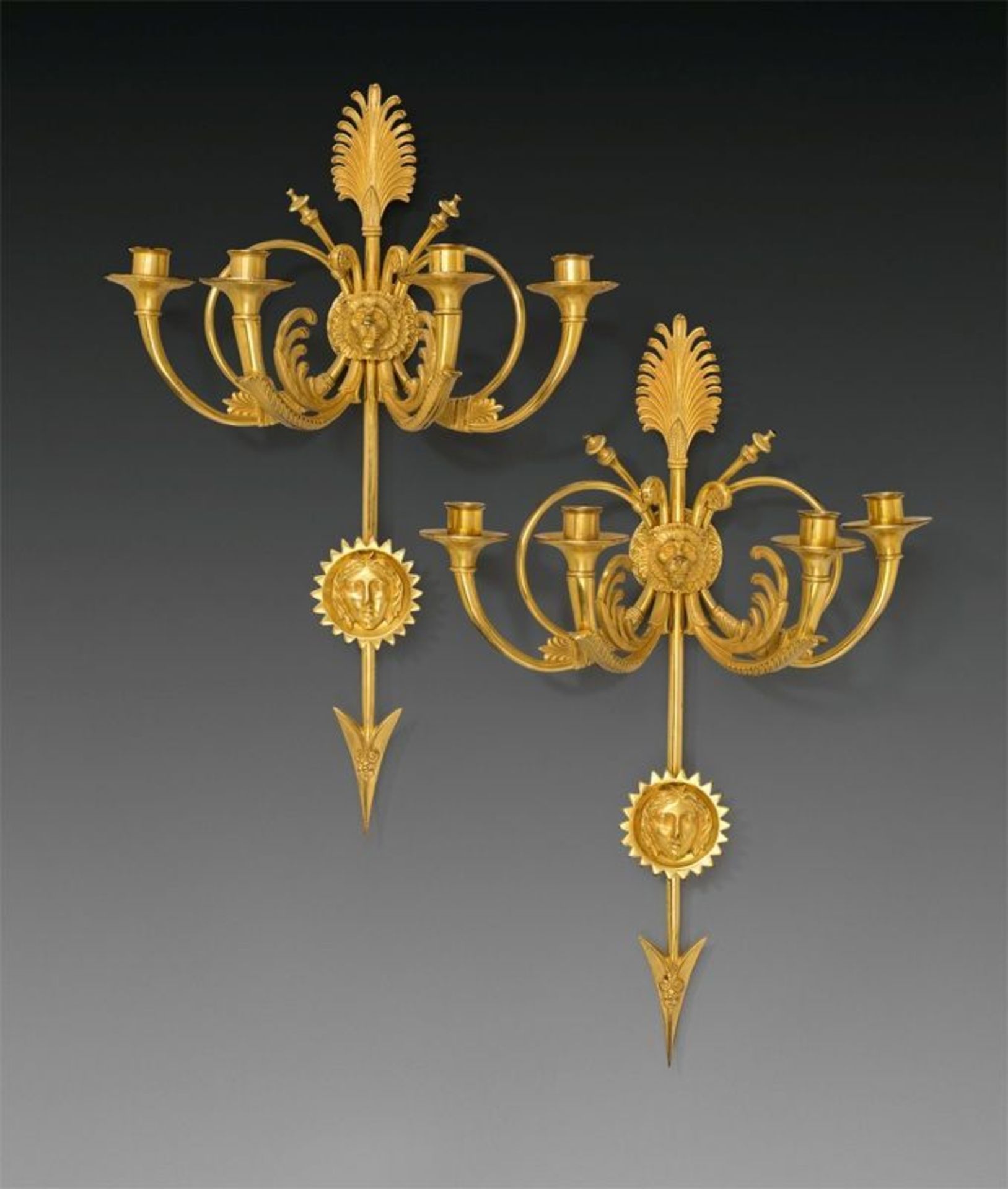Claude Galle (Villepreux 1759 – 1815 Paris)  TWO WALL LIGHTS WITH HUNTING MOTIFS. After 1805  Gilt
