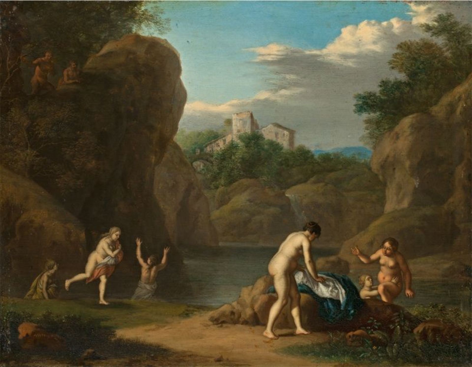 Daniel Vertangen (1601 – Amsterdam – 1683)  BATHING NYMPHS, SURPRISED BY SATYRS. Circa 1660  Oil