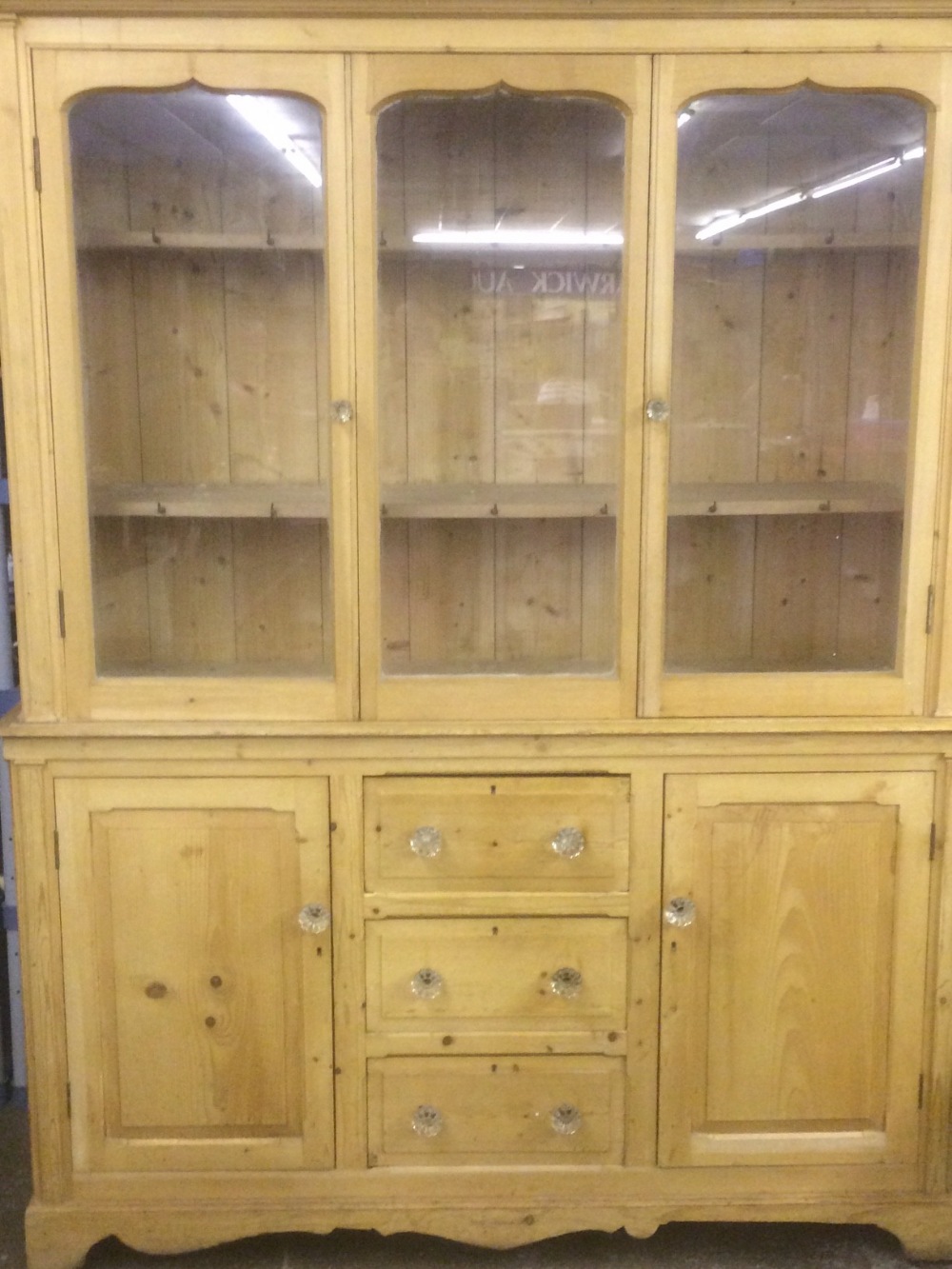 VICTORIAN PINE DRESSER WITH FIELDED PANELLED GLAZED DOORS WITH GLASS HANDLES 220CM X 165CM X 53CM