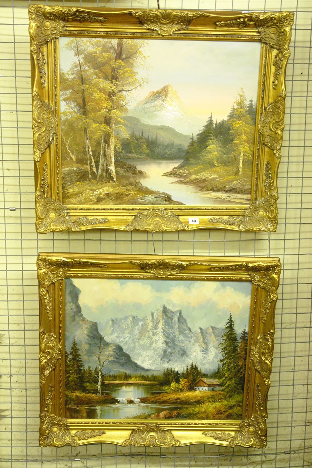 PAIR OF G. WHITMAN OIL ON CANVAS MOUNTAIN LANDSCAPES IN GILT SWEPT FRAMES 60 X 49CM