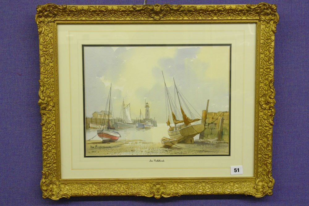 DON MICKELTHWAITE WATERCOLOUR BOATS IN HARBOUR LANDSCAPE FRAMED GLAZED 36CM X 28CM