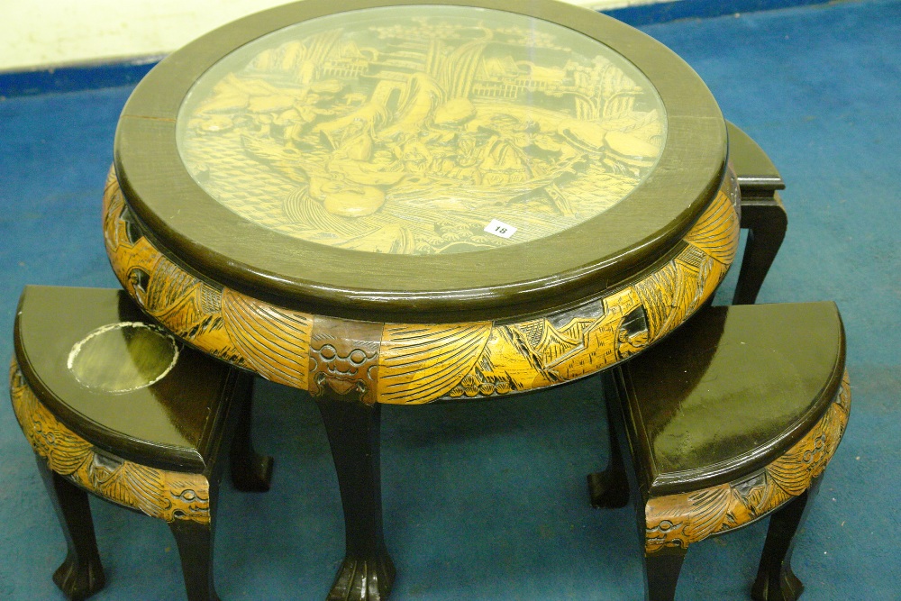 CHINESE CARVED TOP CIRCULAR TABLE WITH A NEST OF FOUR QUADRANT TABLES 75CM DIAMETER