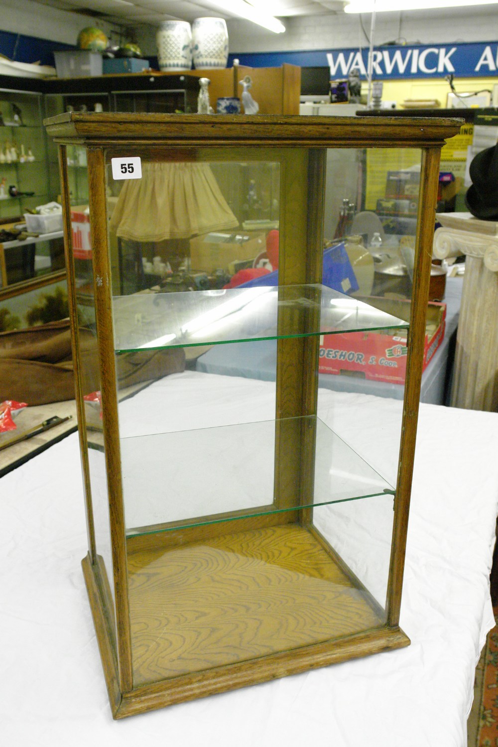 EARLY 20TH CENTURY OAK GLAZED SHOP DISPLAY CABINET (TWO SHELVES) 76CM X 43CM