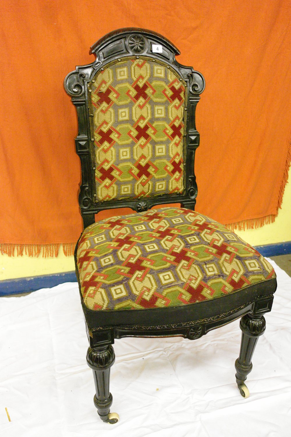 19TH CENTURY CARVED EBONIZED WALNUT SIDE CHAIR WITH BERLIN WORK BACK AND SEAT WITH FLUTED LEGS AND