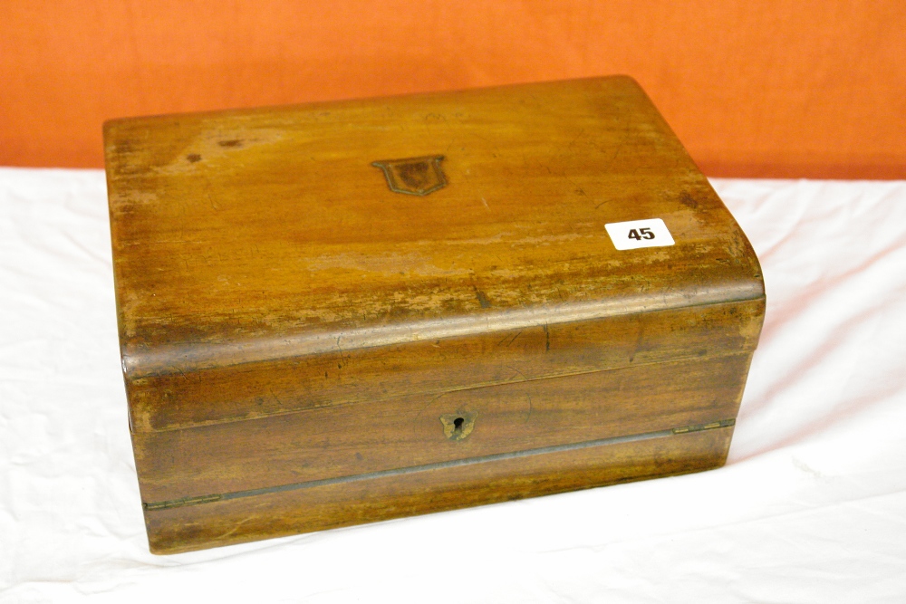 VICTORIAN MAHOGANY WRITING BOX WITH FOLD UP STATIONARY RACK 31CM X 13.5CM