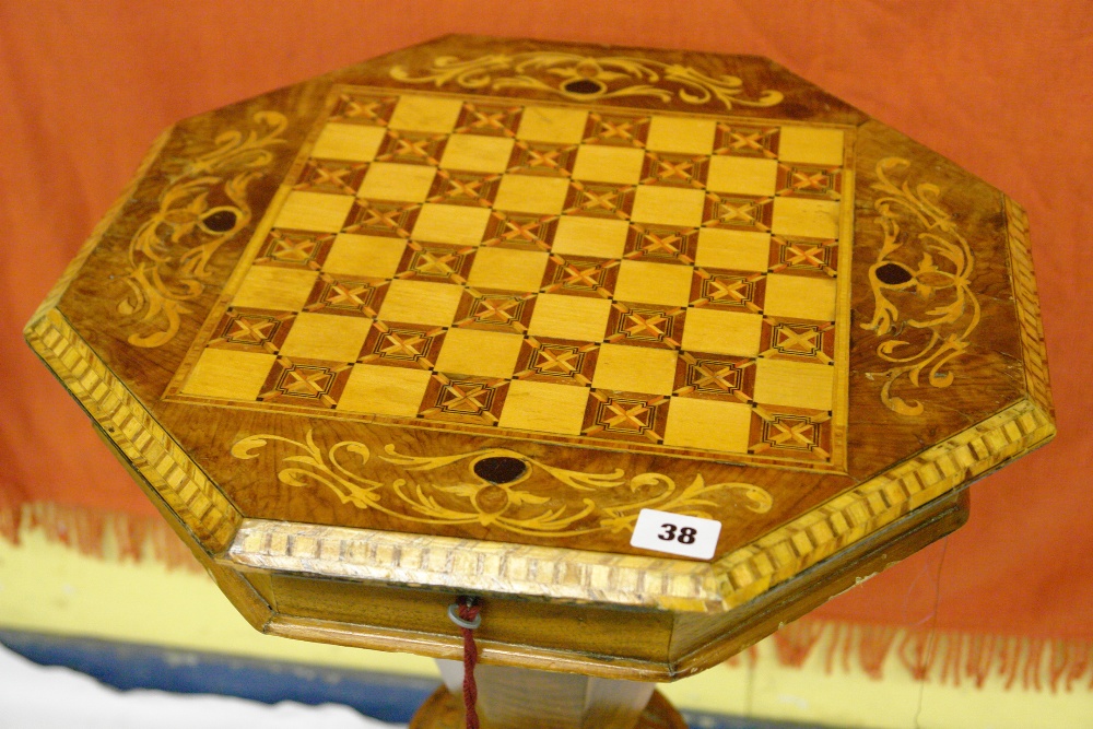 VICTORIAN WALNUT AND TUNBRIDGE WARE OCTAGONAL INLAID TRUMPET SHAPED NEEDLEWORK TABLE