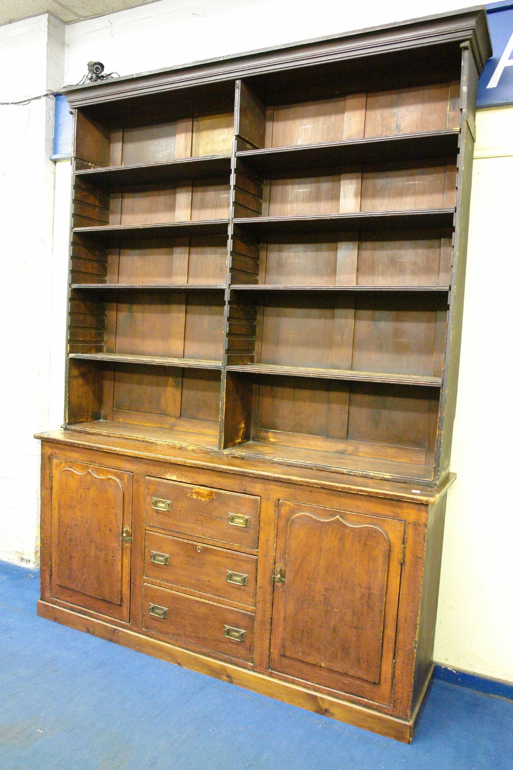 19TH CENTURY PINE DRESSER WITH FIELDED PANELLED SIDE DOORS AND THREE CENTRAL DOORS A/F 158CMWX