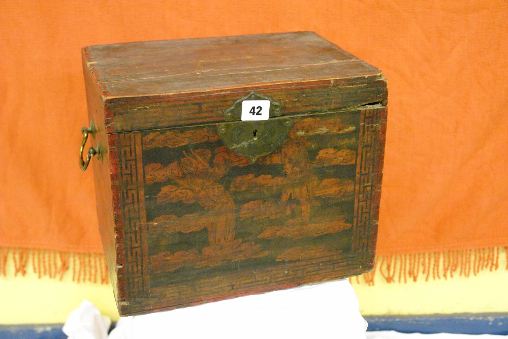 CHINESE RED LACQUERED BOX WITH METAL SIDE HANDLES - SPLIT TO TOP