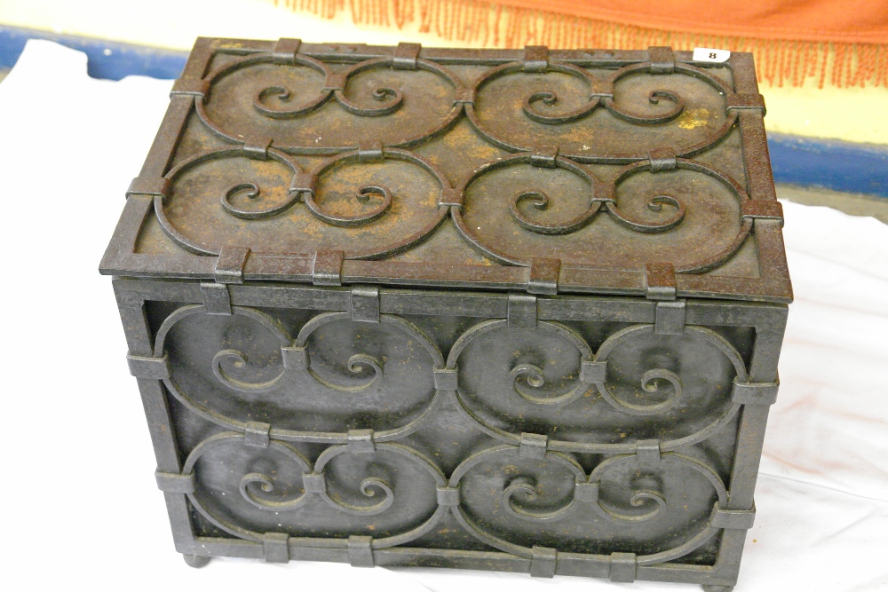 CAST IRON LOG BOX OF NURENBERG STYLE DECORATED ALL OVER WITH SWIRLS