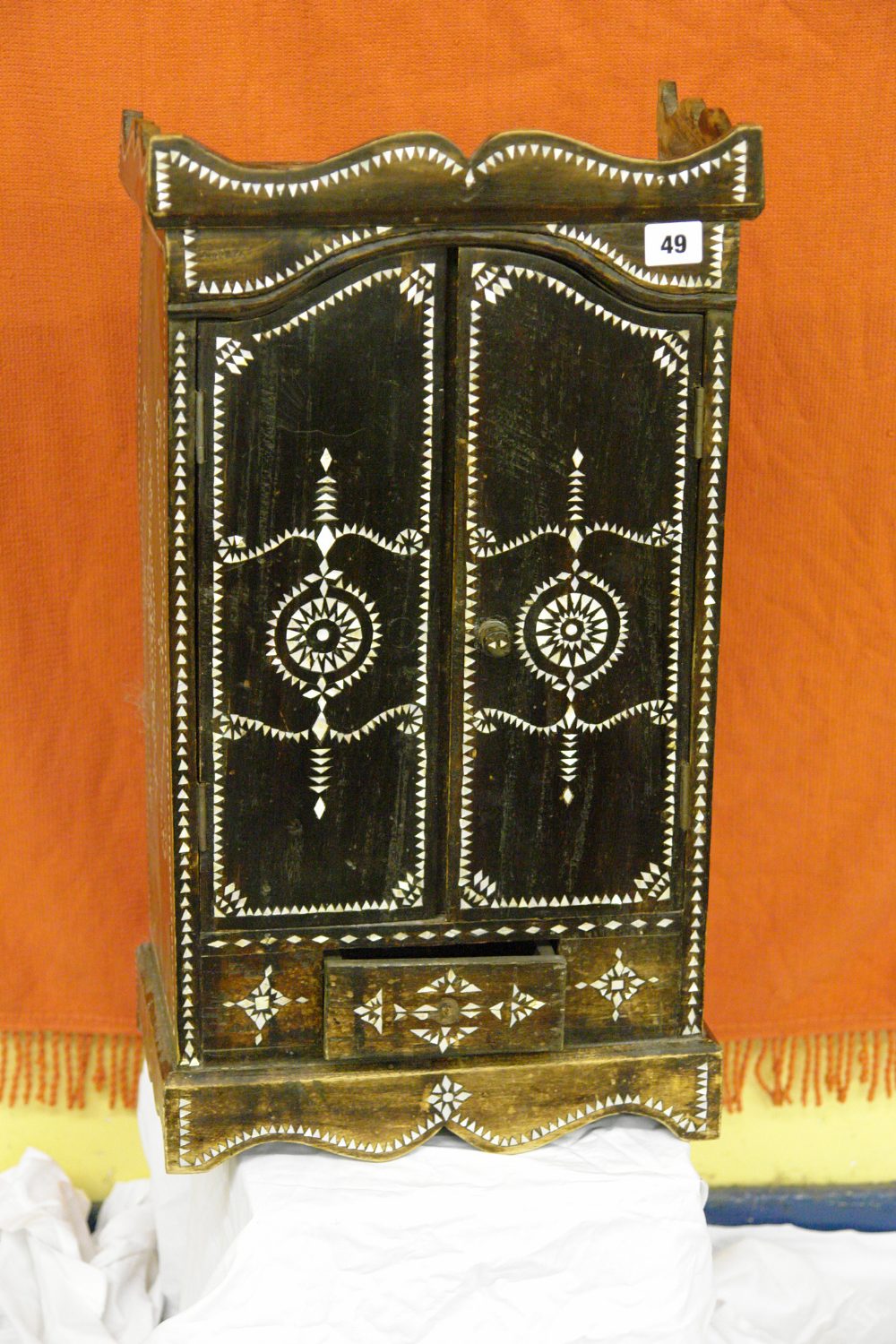 INDIAN MOTHER OF PEARL INLAID TWO DOOR CABINET FITTED WITH DRAWER