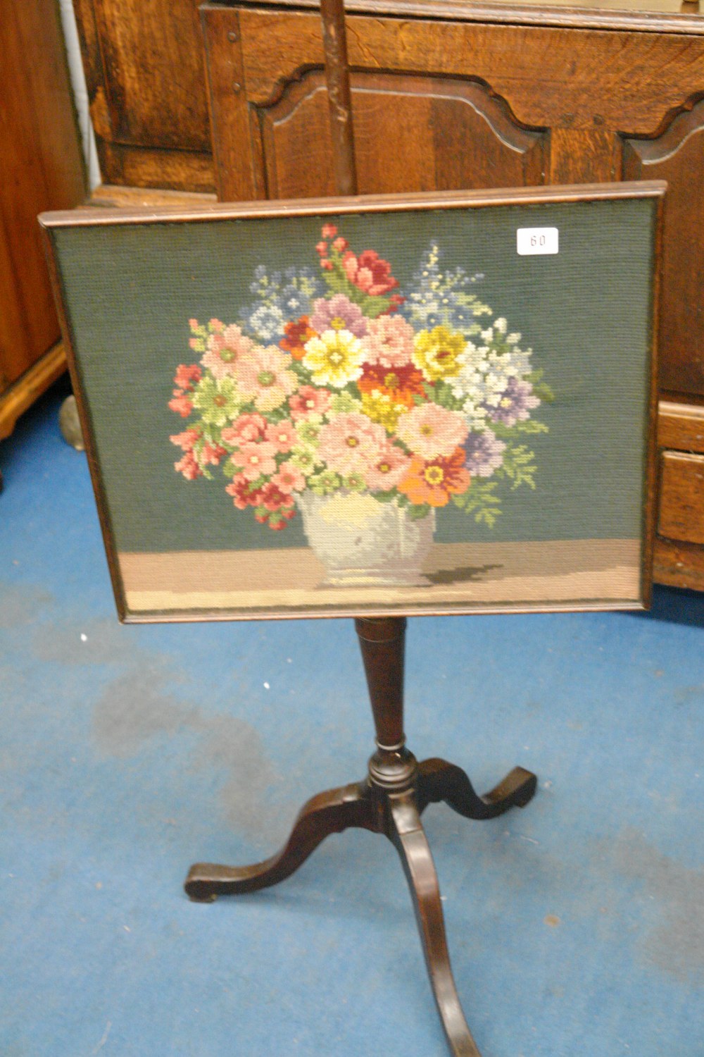 19TH CENTURY TRIPOD POLE SCREEN WITH EMBROIDERED BANNER 156CM