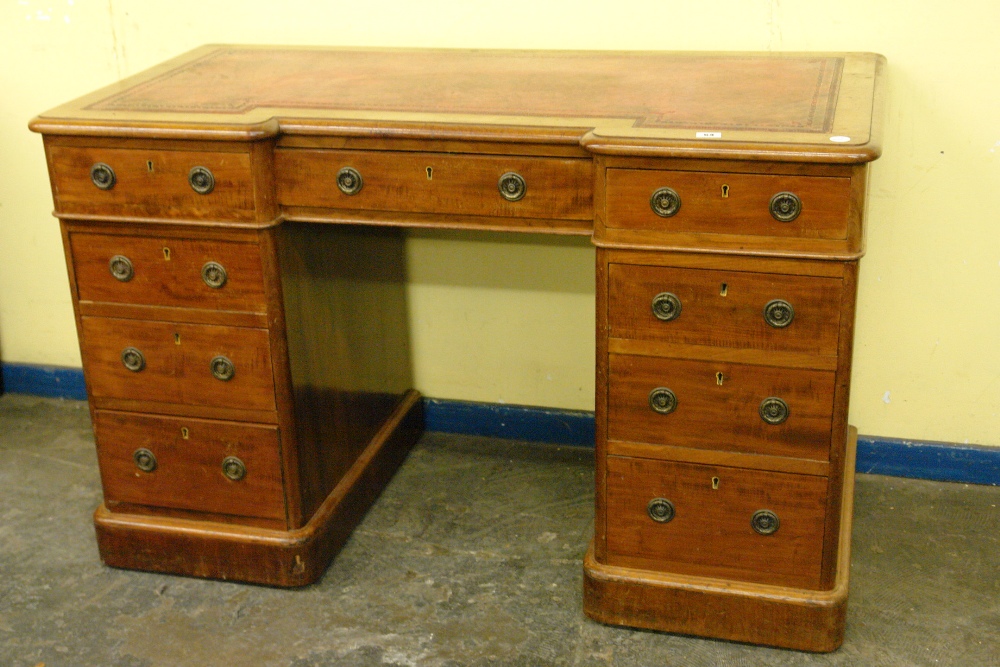 VICTORIAN MAHOGANY BOW FRONT TWIN PEDESTAL DESK WITH INSET LEATHER TOP STAMPED `HEALS AND SONS,