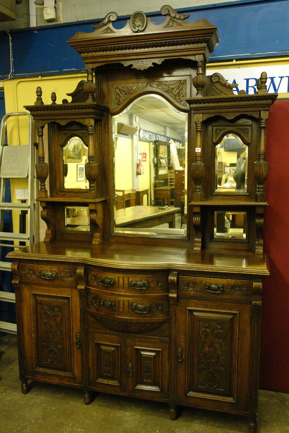 EDWARDIAN OAK CARVED MIRROR BACKED BOW FRONTED SIDEBOARD 148CM X 240CM