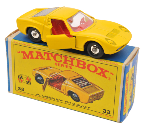 A scarce Matchbox Series No33 Lamborghini Miura P400. Example in bright yellow with red seats and