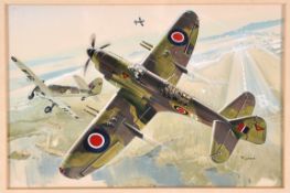 A framed, mounted and glazed watercolour painting of a WW11 RAF Fairey Firefly fighter, painted by