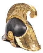 A Swedish cavalry officer?s helmet, c 1840, leather skull and back peak, copper gilt mounts, with
