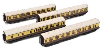 4 OO kit built GWR passenger coaches. 2 1st/3rd composite side corridor coaches. A 12 wheel Buffet