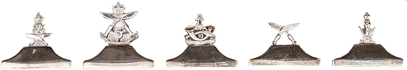 5 Gurkha officers mess eastern silver menu holders, of scalloped , rectangular, truncated pyramid