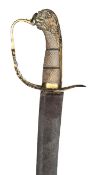 A late 18th century infantry flank company officer?s sword, curved, shallow fullered blade 30?,