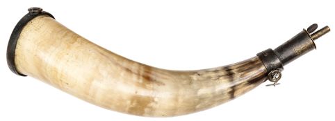 A powder horn, c 1800, of the Duke of Northumberland?s Percy Tenantry, brass mounts, the base