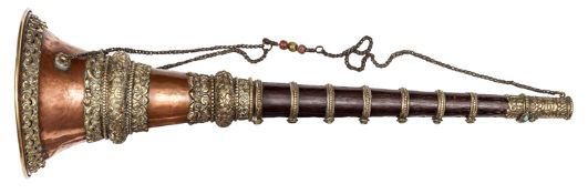 A Tibetan temple trumpet, sheet copper bell mouth with 3 bands of deeply impressed Eastern silver