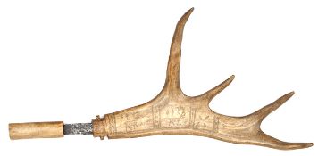 A 19th Century scrimshaw engraved Sami reindeer antler, engraved on one side with 3 panels, 2