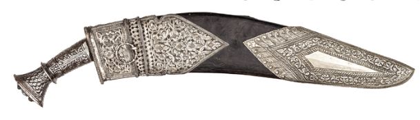 A sheet silver mounted presentation type kukri, blade 13?, with short double fuller, lightly etched