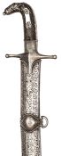 A late 18th century silver mounted Turkish sword shamshir, flat, curved pointed blade 32?, with