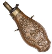 A French embossed copper powder flask, 7? overall, decorated with foliate panels containing scene