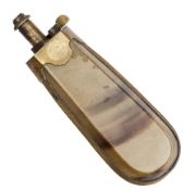 A French bag shaped horn powder flask, 6½? overall, flattened on one side, with fluted brass edging